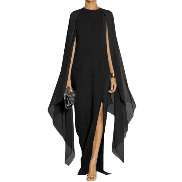 MAYFASEY Women's Flare Chiffon Sleeve High Split Formal Evening Gown Maxi Dress with Cape Black L