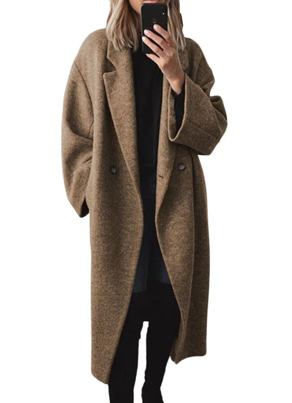 chouyatou Women's Winter Double Breasted Wool Coat Long Sleeve Notch Lapel Long Trench Coat (X-Large, Brown)