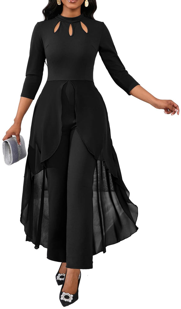 VisiChenup Sexy Jumpsuit for Women Eyehole Mock Neck Long Sleeve Chiffon Overlay Patchwork Solid Color Flowy Skinny Long Pants Clubwear with Zipper