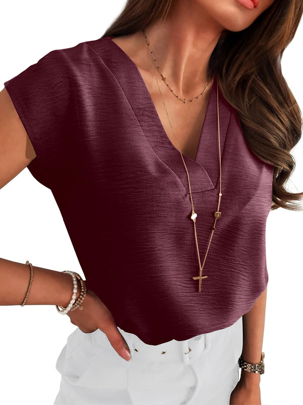 ANRABESS Women Tops Cap Sleeve Textured Dressy Casual V Neck Shirts 2025 Summer Business Work Blouses Outfits Burgundy Medium
