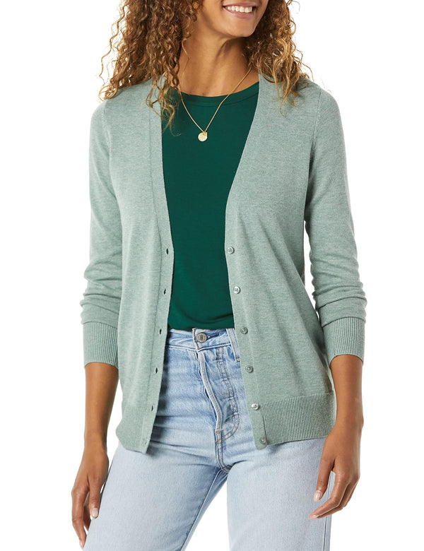 Amazon Essentials Women's Lightweight V-Neck Cardigan Sweater (Available in Plus Size), Sage Green Heather, Medium
